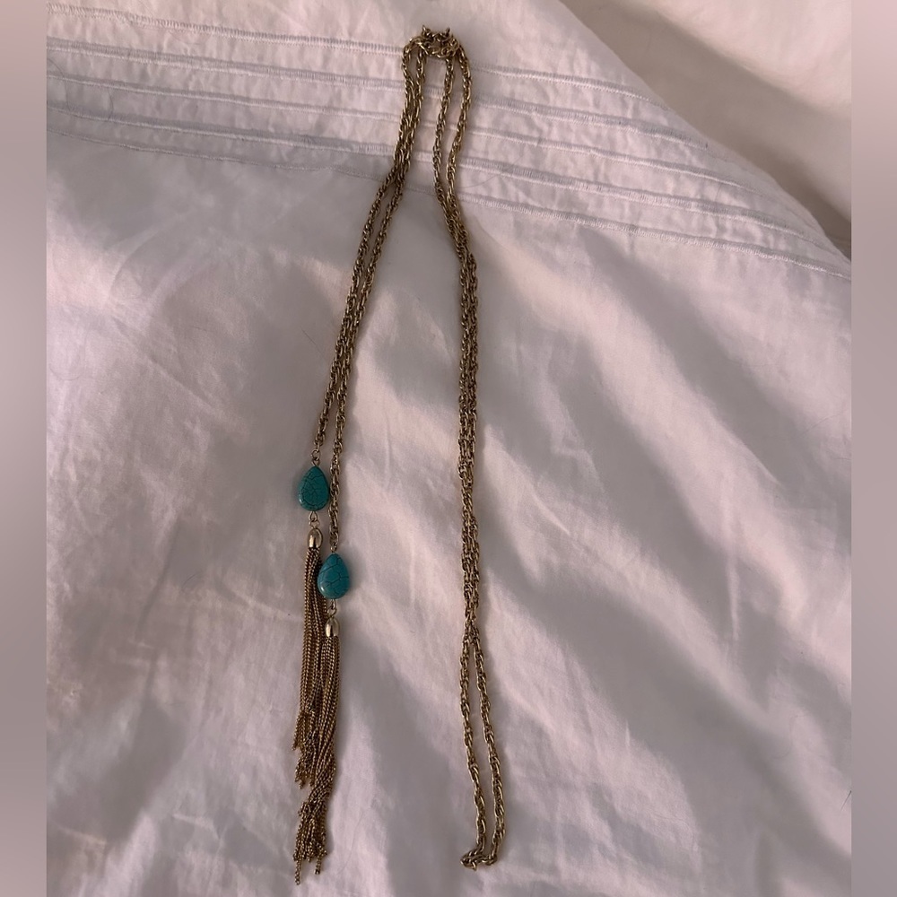 Teal and Tassel Long Necklace